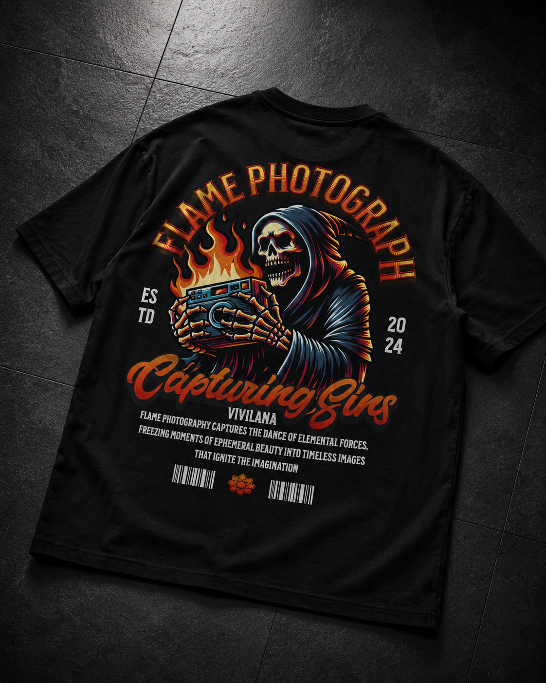 Black graphic tee with grim reaper holding camera, 'Flame Photograph' and 'Capturing Sins' text, edgy streetwear design