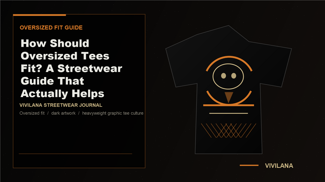 Oversized tee fit guide cover with dark streetwear styling and editorial orange accents