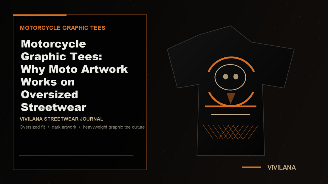 Oversized black motorcycle graphic tee in a dark road and garage streetwear scene
