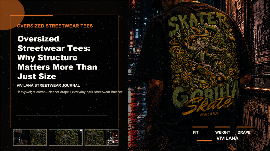 Dark editorial poster cover for oversized streetwear tees with back-view oversized tee styling and orange accents
