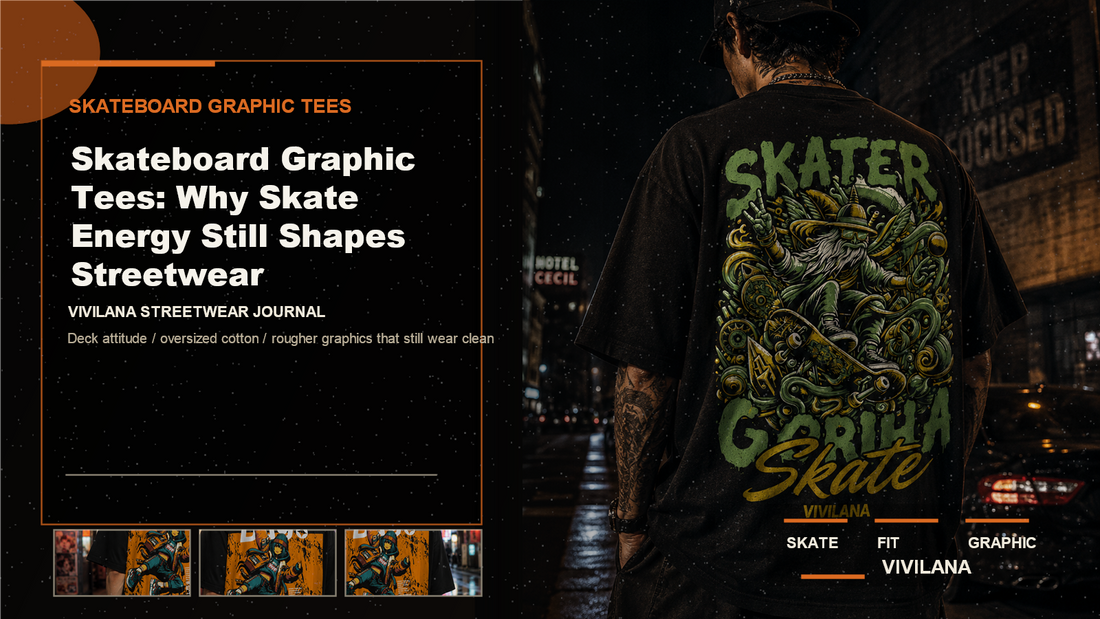 Skateboard graphic tees poster cover with oversized streetwear photography and Vivilana editorial typography