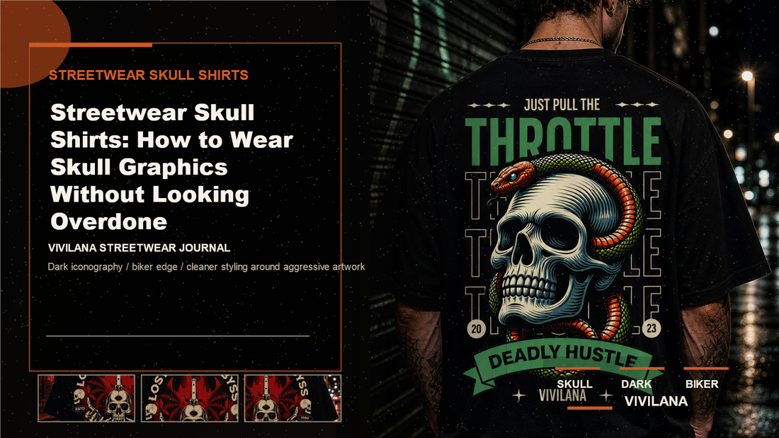 Streetwear skull shirts poster cover with dark back-print tee photography, cream typography, and orange Vivilana accents