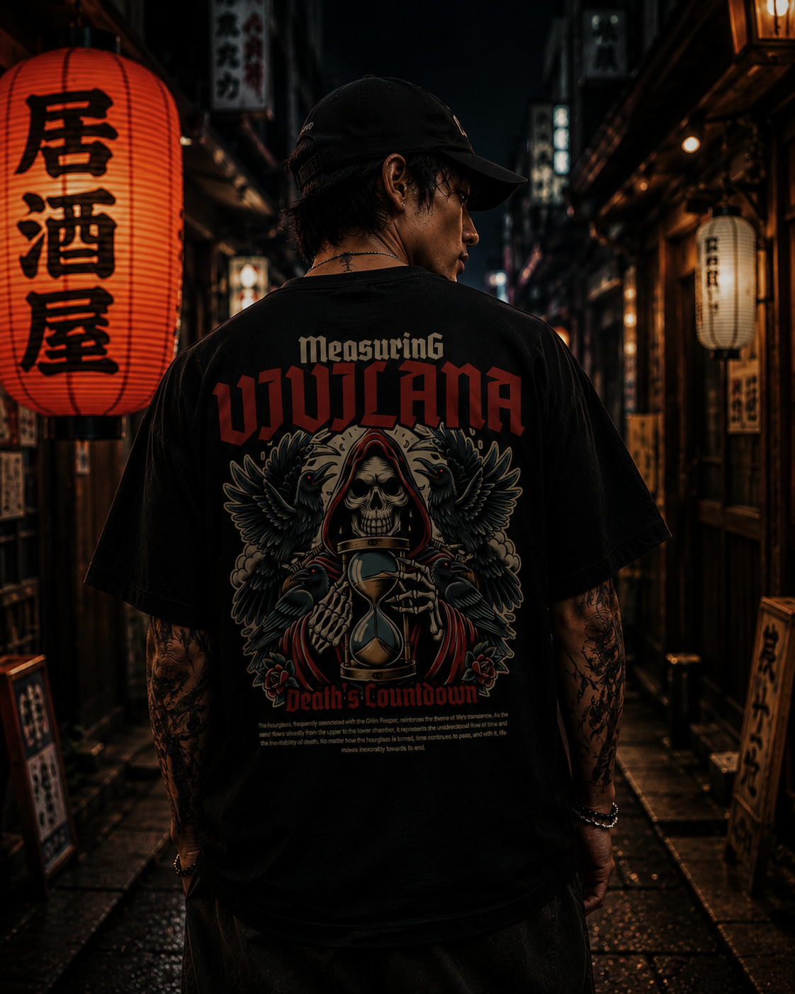 Man wearing black graphic tee with skull, crows, hourglass, and 'Death's Countdown' text on back, standing in neon-lit alley.