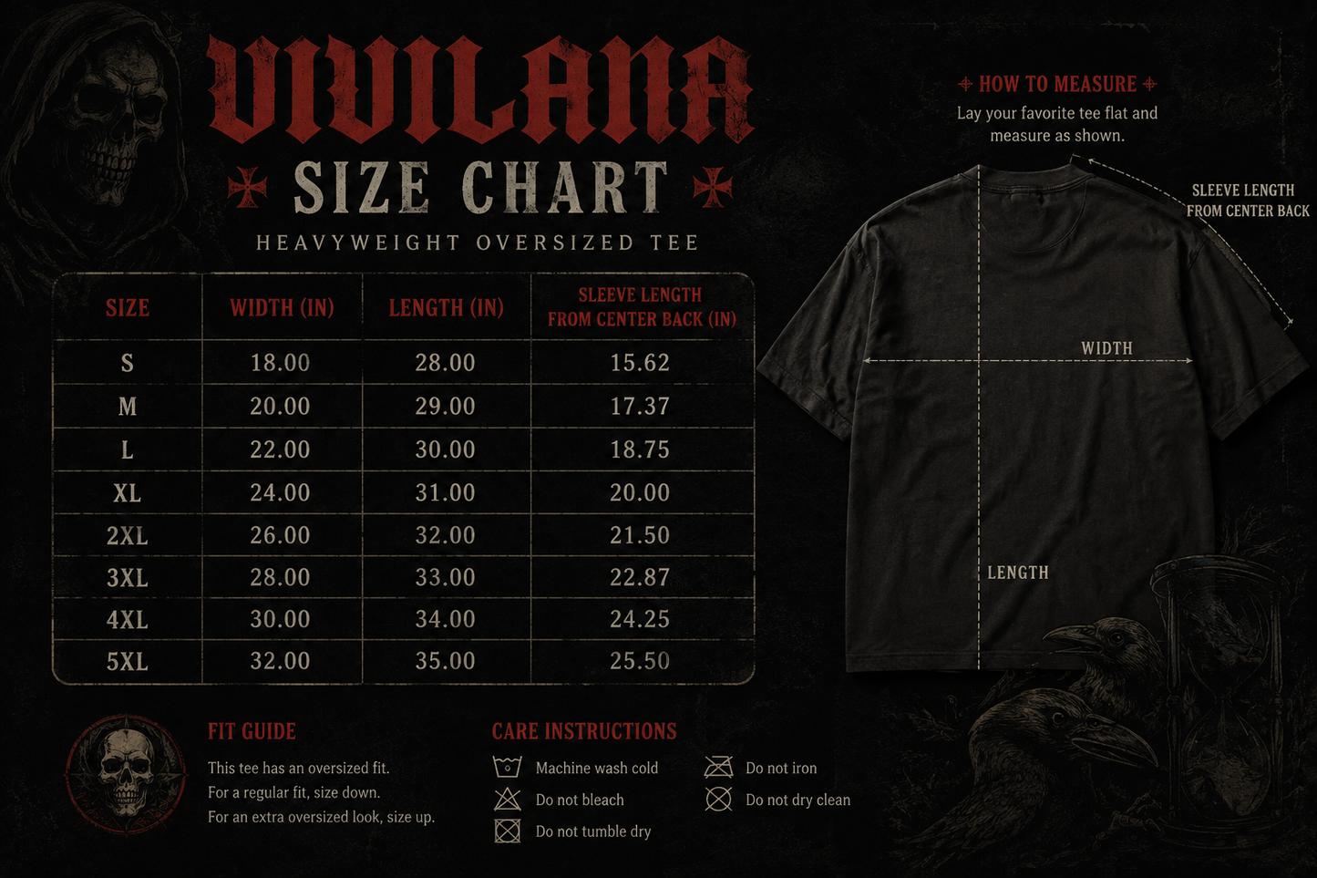 Vivilana Heavyweight Oversized Tee Size Chart with measurements and care instructions