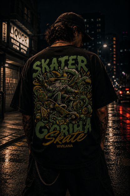 Skater Gorilla Skate graphic tee on urban night street