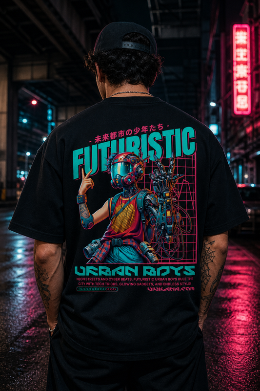 Futuristic urban boy graphic tee with neon cyberpunk design, glowing gadgets, and Japanese text on back