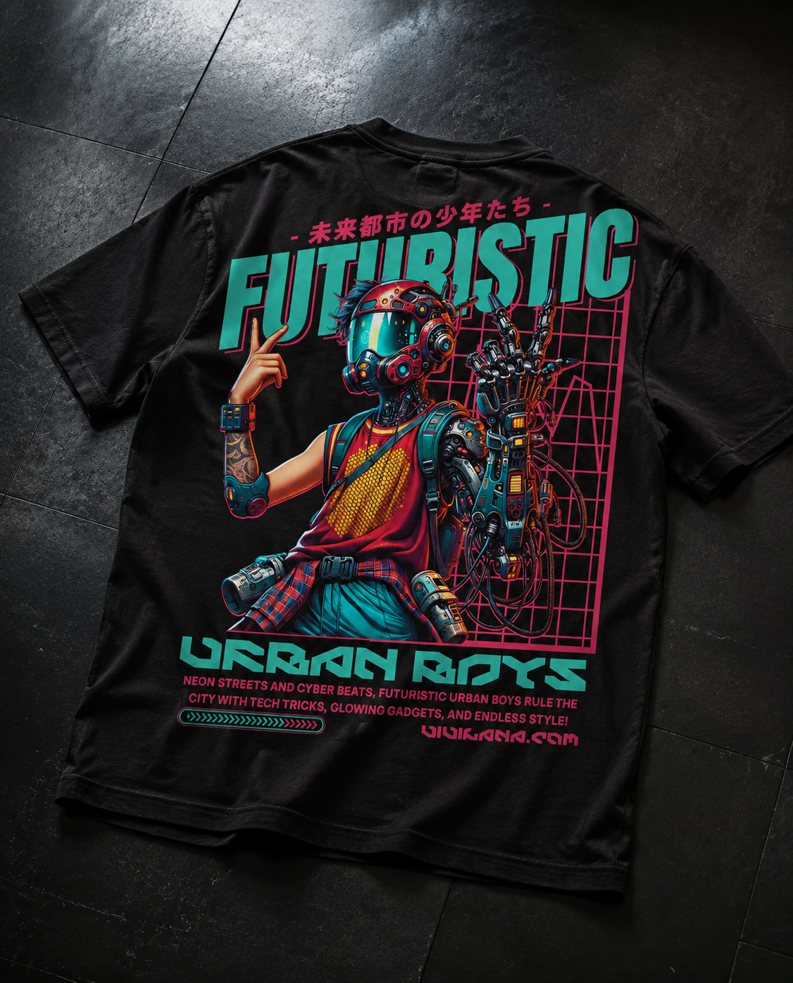 Futuristic urban boys cyberpunk t-shirt with neon graphics and robotic design on black fabric