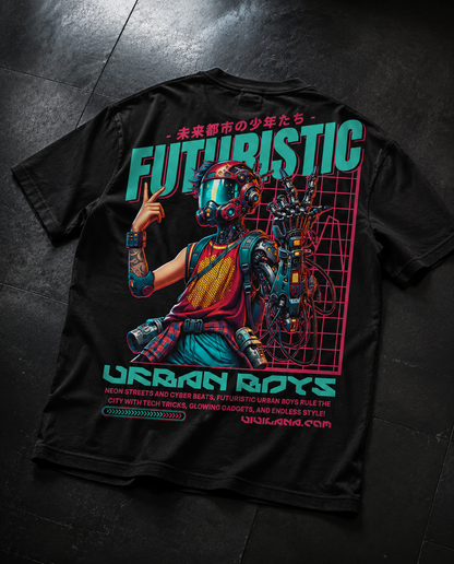 Futuristic urban boys cyberpunk t-shirt with neon graphics and robotic design on black fabric