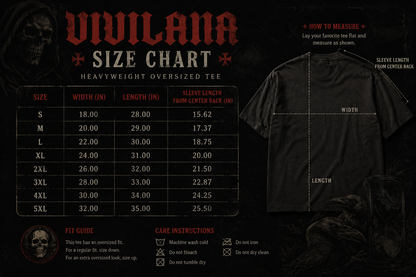 Vivilana heavyweight oversized tee size chart with measurements, fit guide, and care instructions