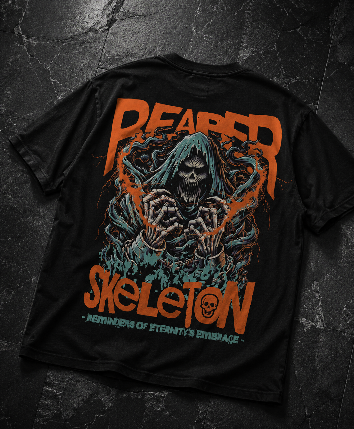 Black graphic tee with grim reaper skeleton design, orange text 'Reaper Skeleton', gothic horror art
