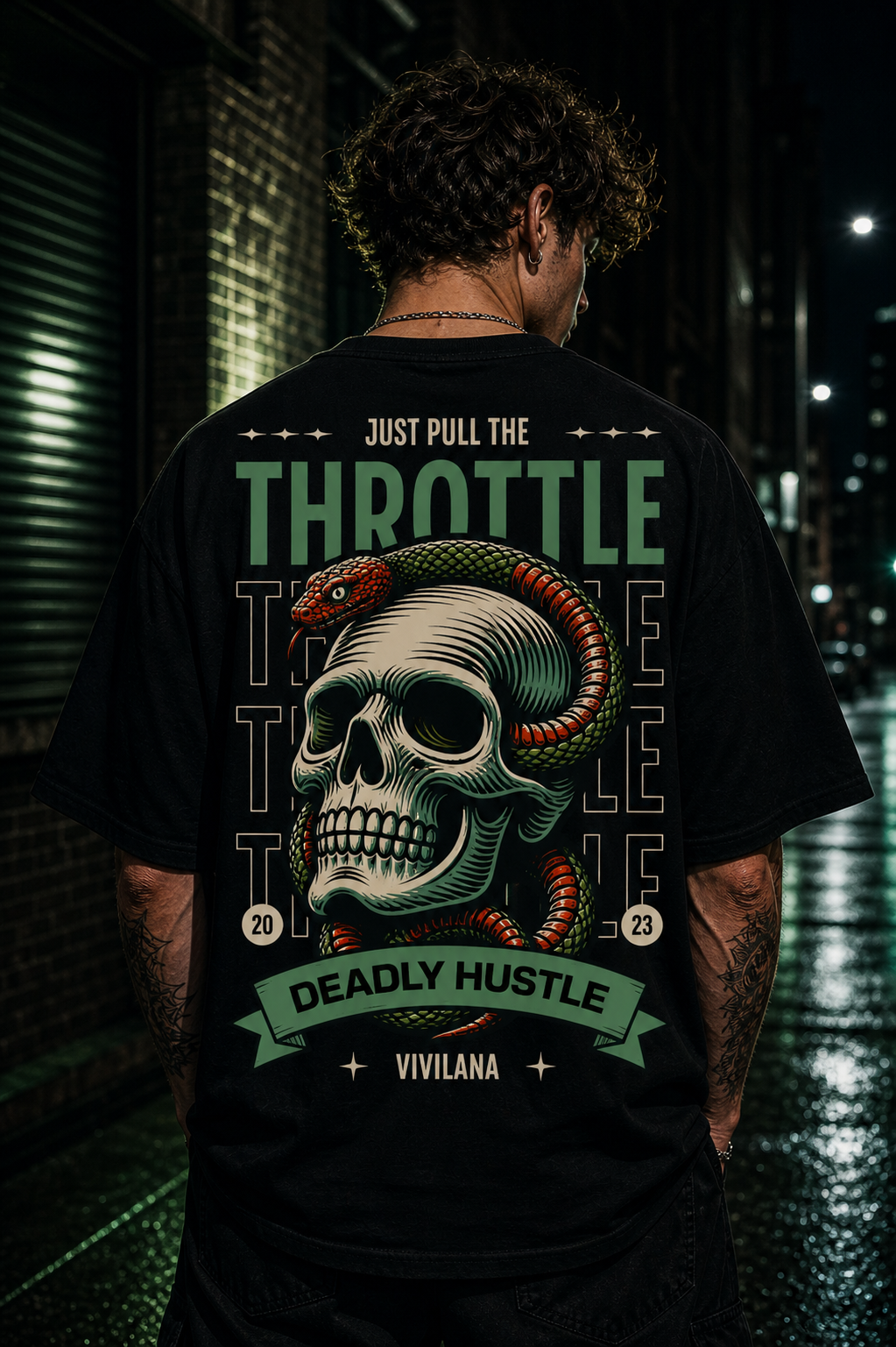Black graphic tee with skull, snake, and 'Just Pull The Throttle' text, urban night backdrop
