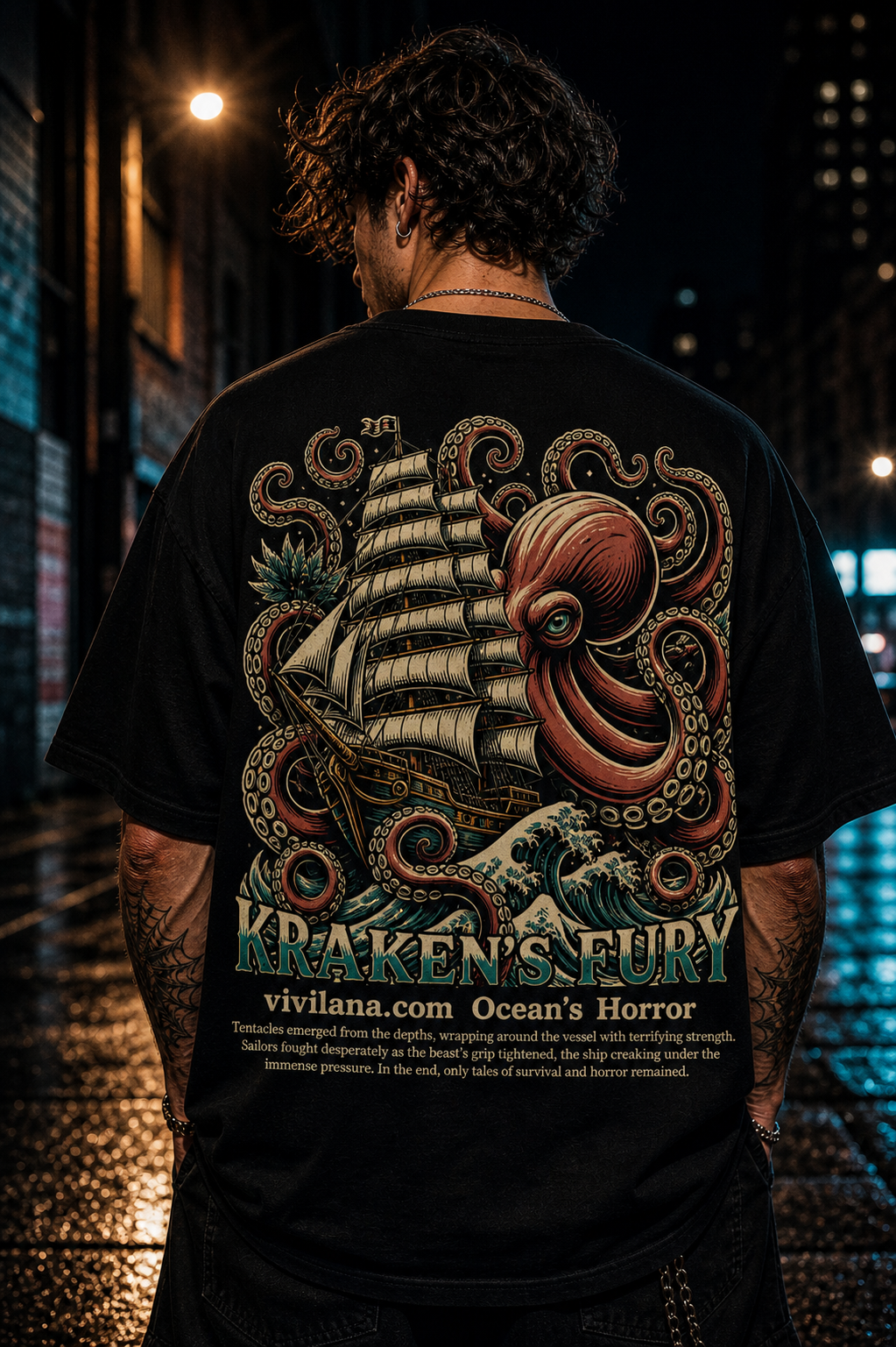 Kraken's Fury graphic tee with giant octopus attacking ship, ocean horror design on black t-shirt